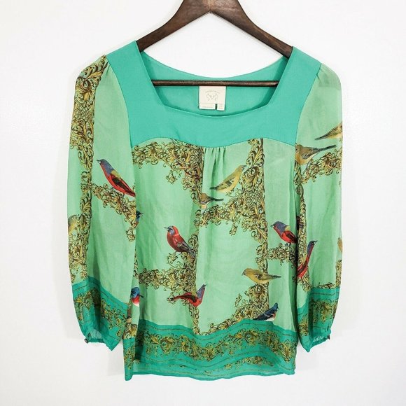 Vanessa Virginia Tops - Vanessa Virginia Womens Silk Bird Print Top Size 0 Square Neck Anthropologie